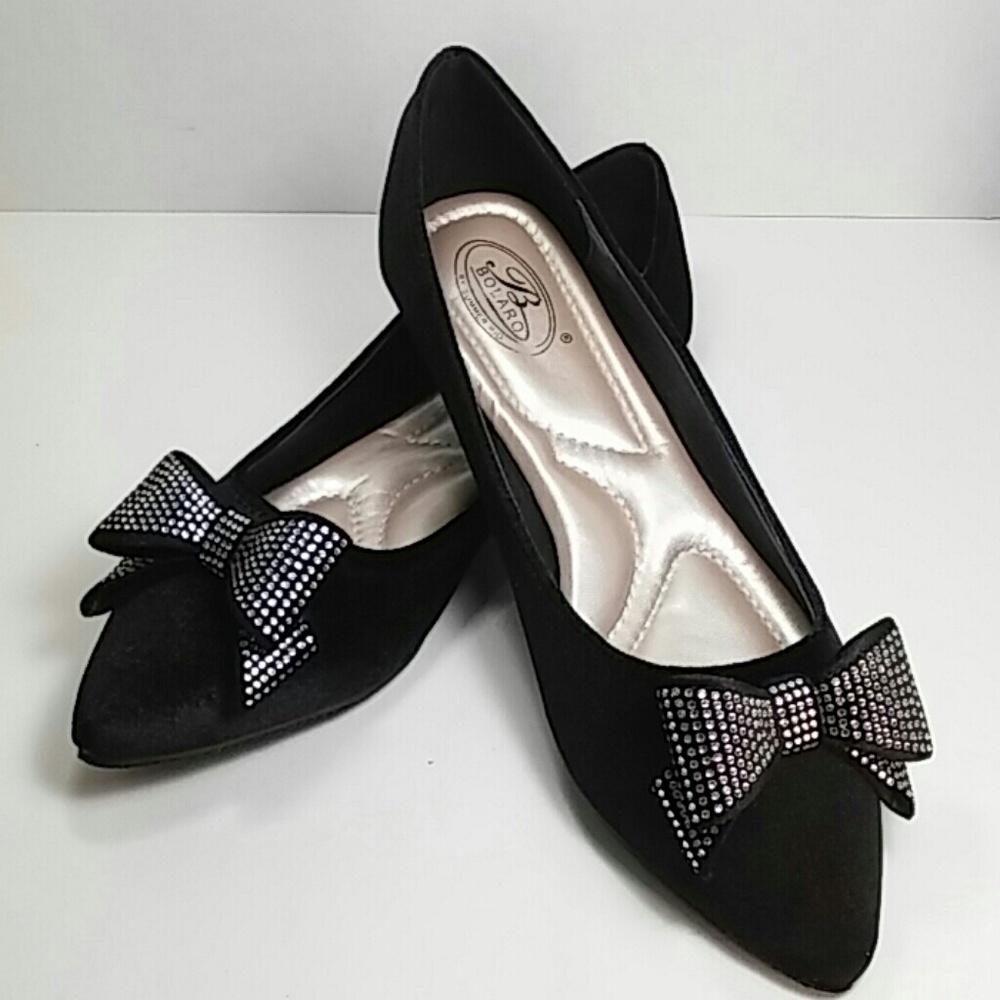 🆕 Faux Black Velvet Pointy Toe Flat Jeweled Bow🆕 - Picture 1 of 8